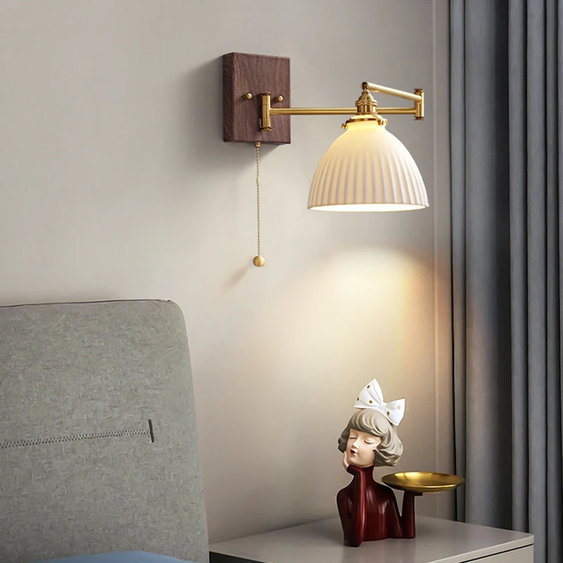 Classic Folding Wall Lamp Bedroom Bedside light Designer Copper lamp Living Room Reative Pull Cord Switch Retractable Light