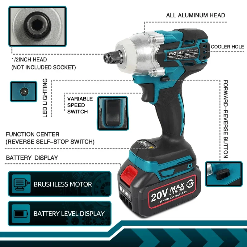 VVOSAI 20V Cordless Electric Impact Wrench Brushless Wrench Socket Li-ion Battery Hand Drill Installation Power Tools