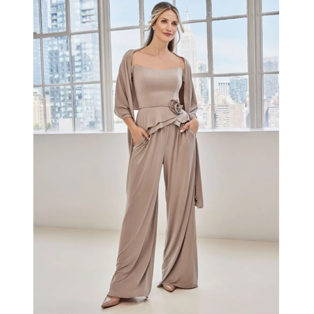 

Комплект из трех предметов для матери невесты с открытыми плечами, топы с 3D цветами и шалью, комплект брюк для свадебной вечеринки с карманами для мамы