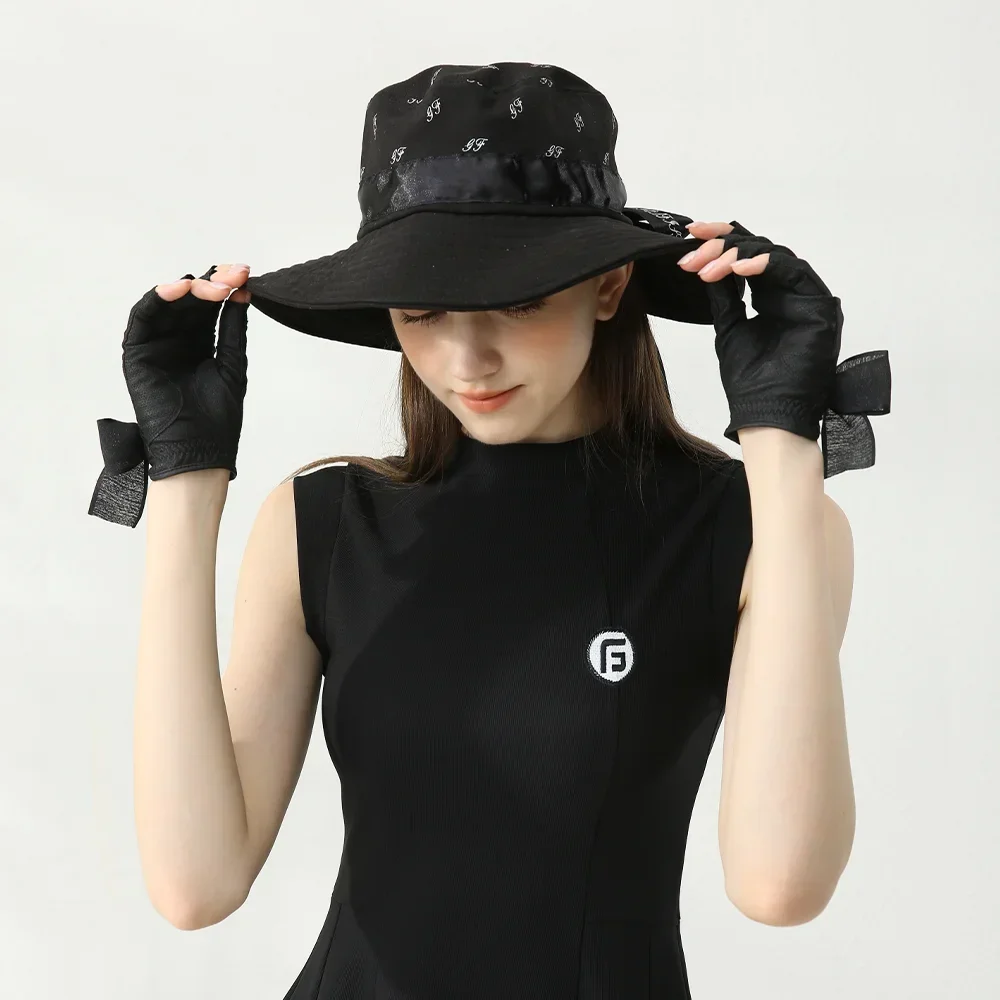 

Golfist New Women Golf Hat Bow Strap Fisherman Caps Ladies Sunscreen Big Brim Sun Visor with Top Printed Anti-UV Caps