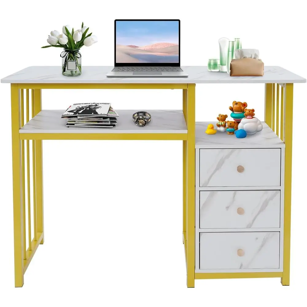 Elegant Marble-Textured Manicure Desk with 3 Drawers for Nail Technicians and Home Offices