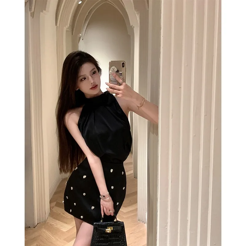 Temperament Fashion Satin Neck Hanging Lace Up Vest Skirt Two-piece Set Women Diamond Shirring Sleeveless Slim Summer Chic Wear