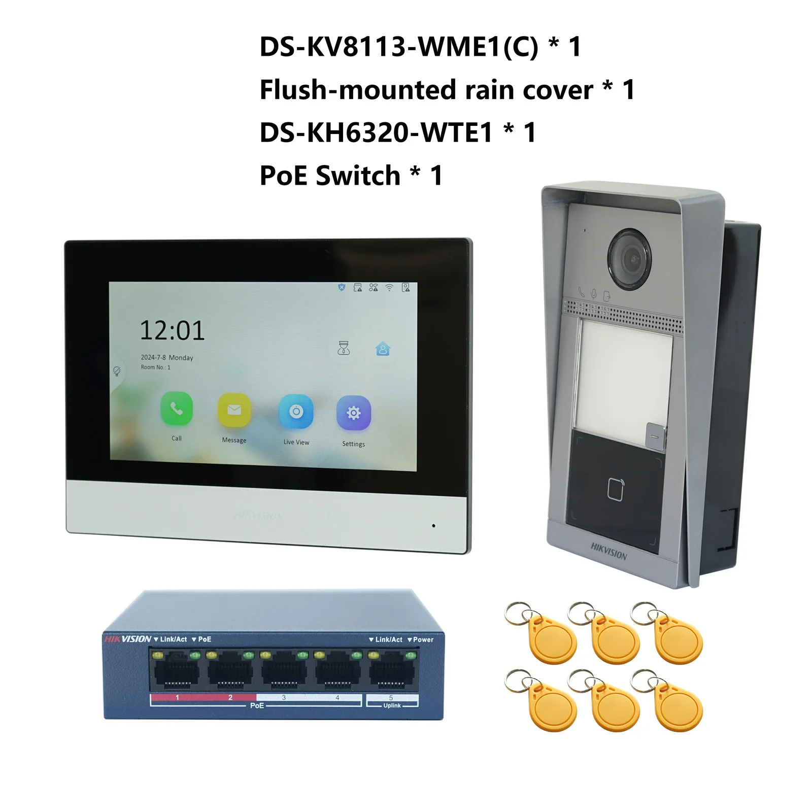 KIT videocitofono POE 802.3af multilingue originale HIKVISION, include DS-KV8113-WME1(C) e DS-KH6320-WTE1 e switch PoE