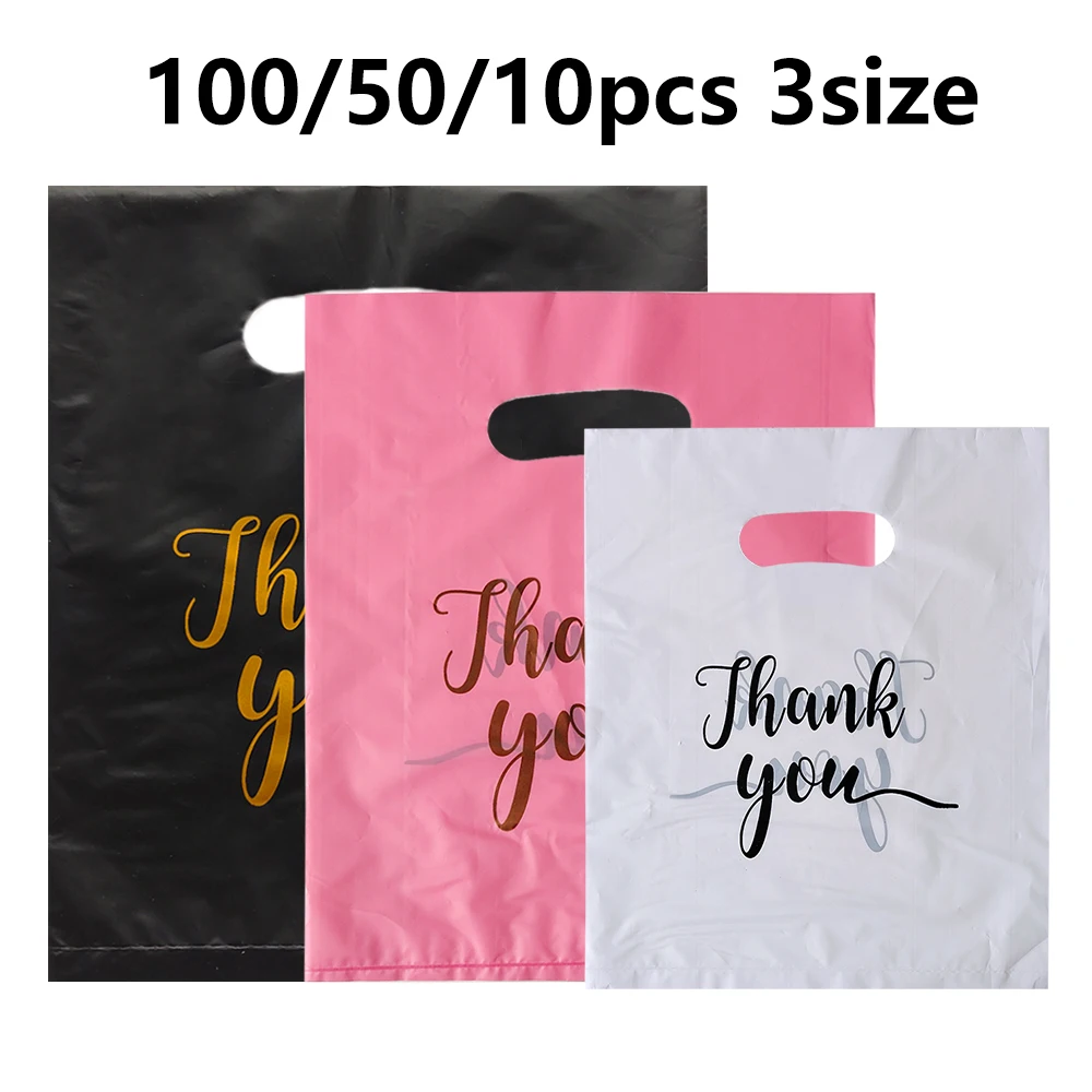 100/50/10Pcs Thank You Gift Bags Wedding Birthday Guest Gift Wrap Plastic Shop Bags Small Business Candy Pastry Store Packaging