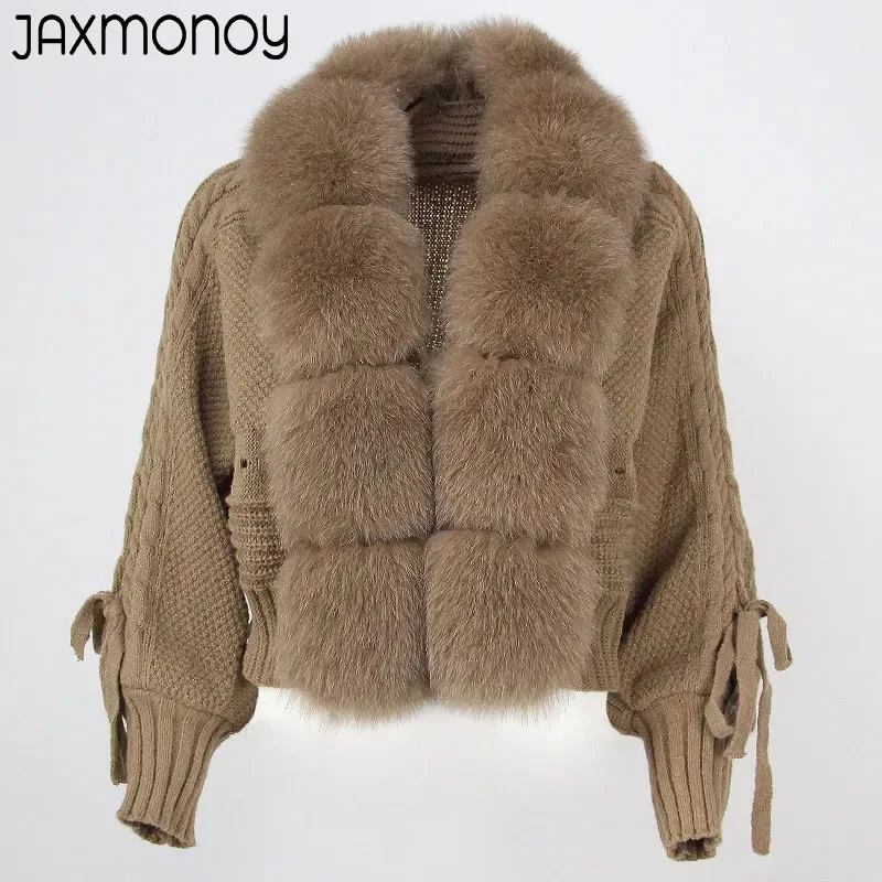 Jaxmonoy maglione da donna vera pelliccia di volpe Trim 2024 autunno inverno Casual Cardigan lavorato a maglia giacca corta moda donna con pelliccia naturale