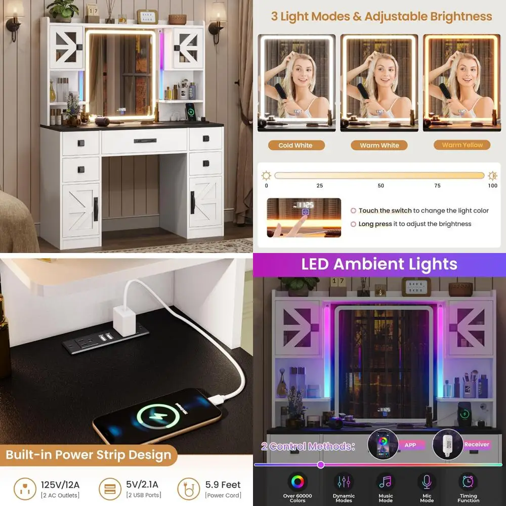 Large Touch Screen Mirror Vanity with Time Display and Charging Station for Makeup