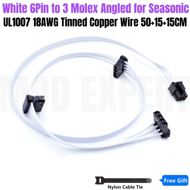 

White 6Pin to 3 Molex IDE 4Pin Cooling Fan Power Cable for Seasonic FOCUS GX-1000 GX-850 GX-750 WHITE GOLD Modular Power Supply