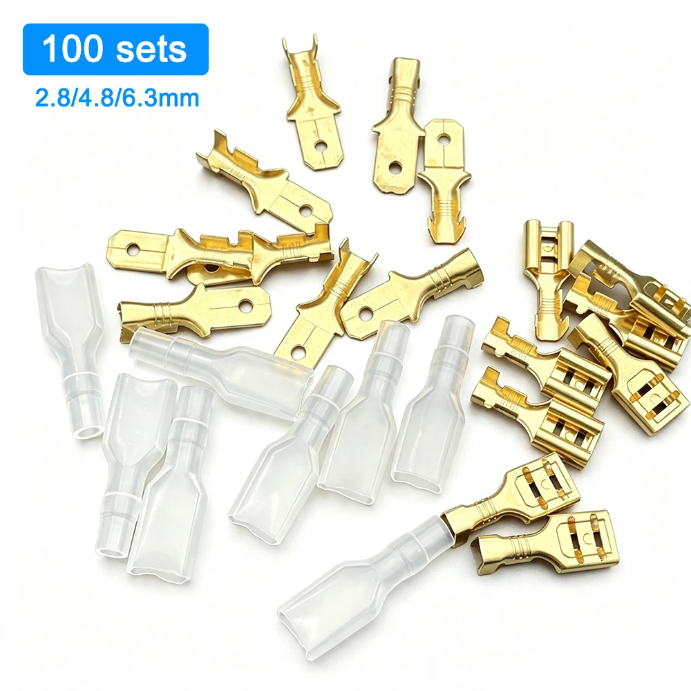 100Sets Male Female Spade Connector Terminal 2.8/4.8/6.3mm Brass Crimp Terminal with Insulation Sleeve for Electrical Wiring
