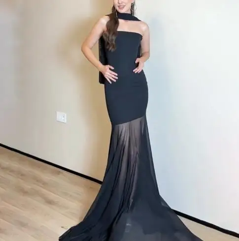 

Summer New French Elegant Temperament Style See Through Mesh Patchwork Skirt Backless Women's Sleeveless Strapless Party Dress