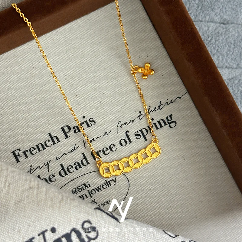 

Niche Design 9999 24K Real Gold Ins Women's Six Copper Coin Small Flower Collarbone Necklace New Chinese Money Necklace