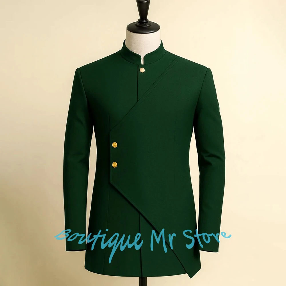 

Luxury Man Jacket Dark Green Mandarin Collar Blazer with Asymmetric Button Design Unique Formal 1Piece for Special Occasions