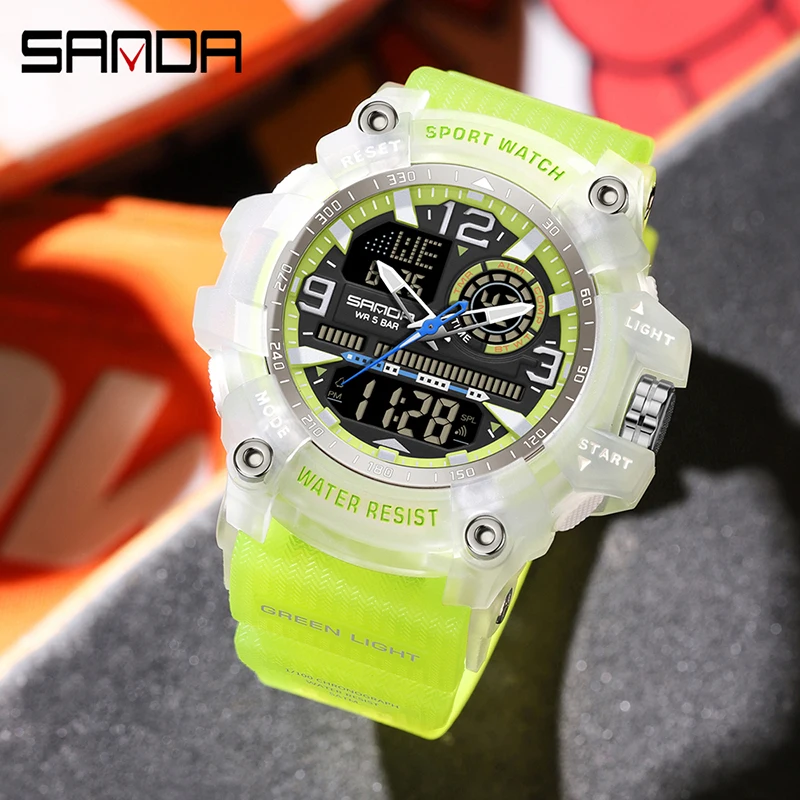 SANDA Fashion Men Electronic Watch Multifunctional Chronograph 5Bar Waterproof LED Luminous Dual Display Student Sports Watch