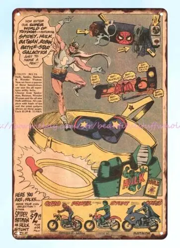 decor 1979 Super Hero Utility Belts, Ahi Stunt Cycles comic ad metal tin sign