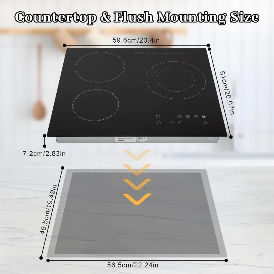 2600W 110V Electric Ceramic Cooktop Portable 3 Burners Built-in Cooktop Sensor Touch Control Countertop Electric Hot Plate with