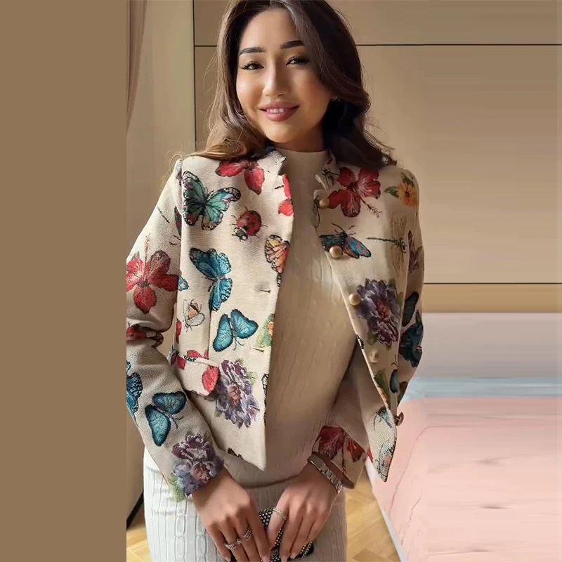 Damen-Crop-Mäntel mit Stehkragen, Jacquard-Muster, langärmelig, Herbst, einreihig, mit Paneelen, schicke neue Oberbekleidung – Detail 16