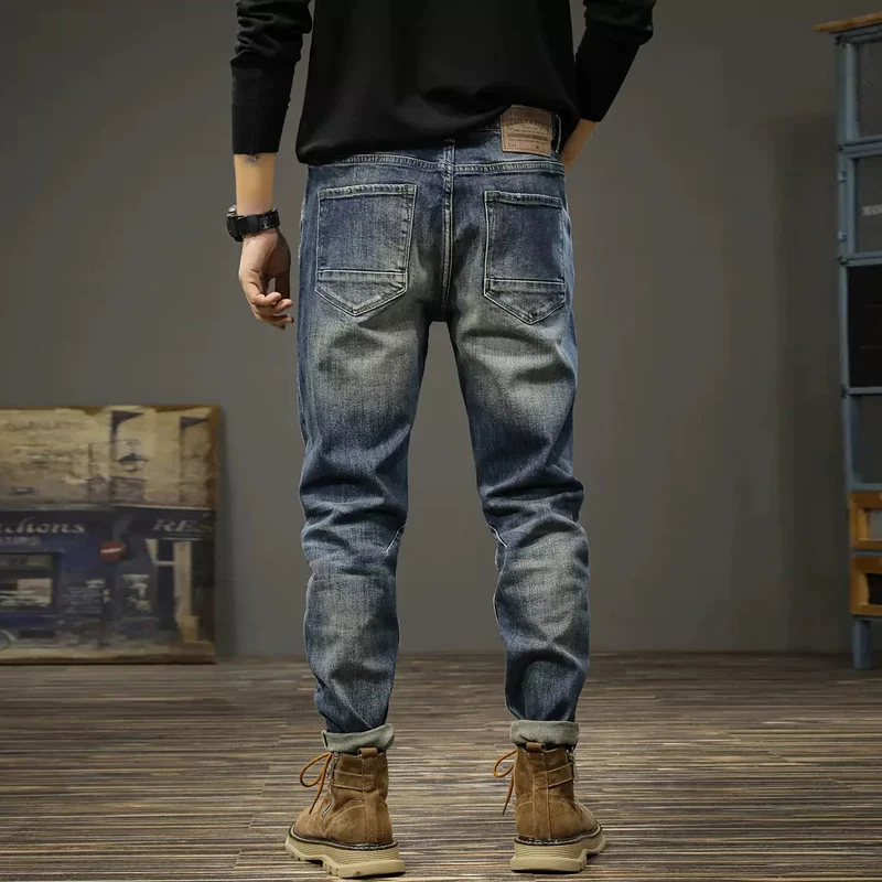 Italian Vintage Fashion Men Jeans High Quality Retro Blue Elastic Slim Fit Ripped Jeans Men Casual Designer Denim Pants Hombre