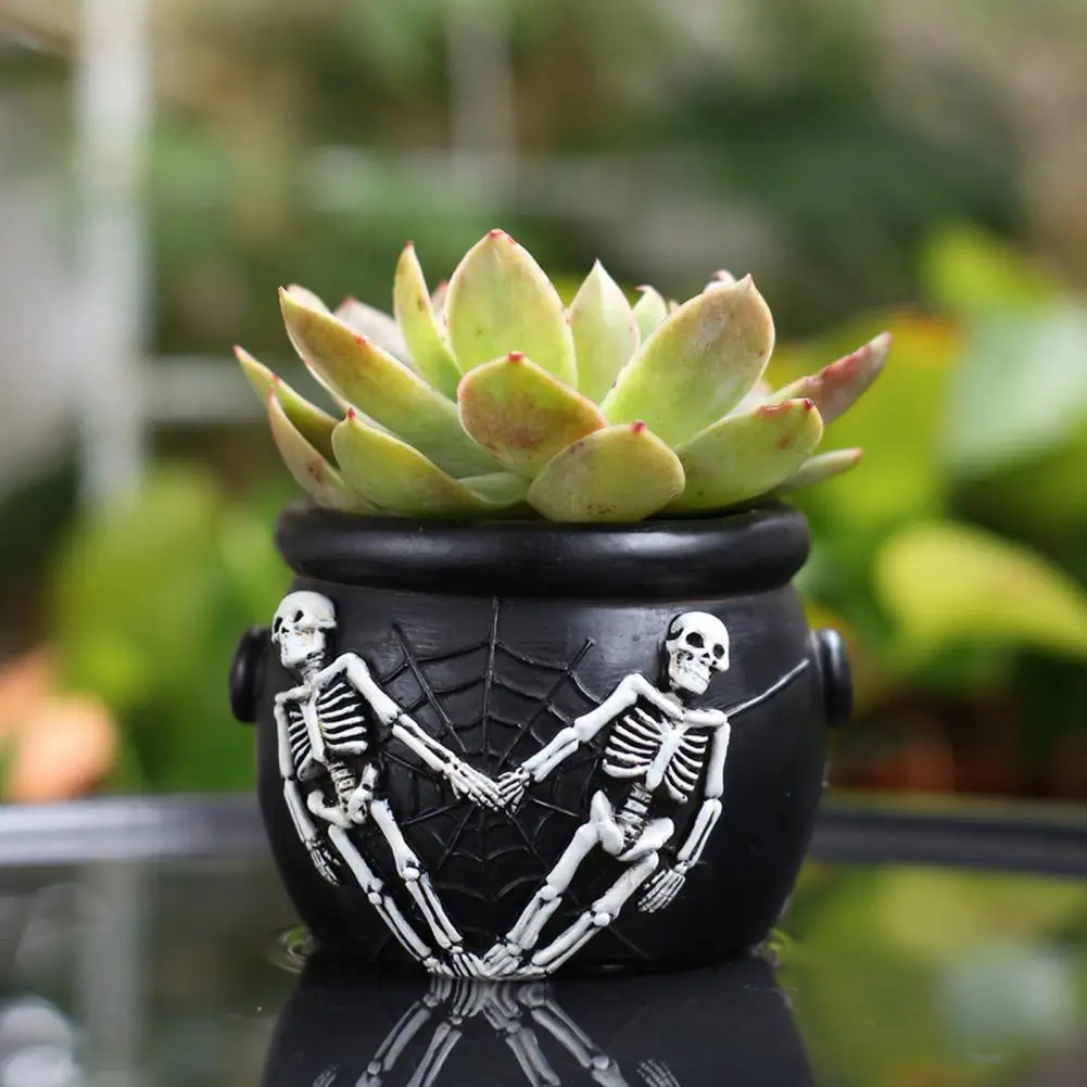 Home Decor Indoor Herb Pot Witch Cauldron Planter Halloween Flower Pot Skeleton Spider Web Decorative Plant Pot for Succulents