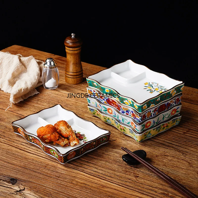 1pc Japanese Ceramic Dumpling Plate, Fried Dish with Sauce Grid, Sushi Plate, Home Snack Plates, Kitchen Ceramic Tableware