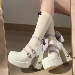 Women's High Heels 2024 Spring Punk Chunky Heel Mary Jane Shoes Patent Leather Cosplay Shoe Bow Tie Lolita Shoes Zapatos Mujer