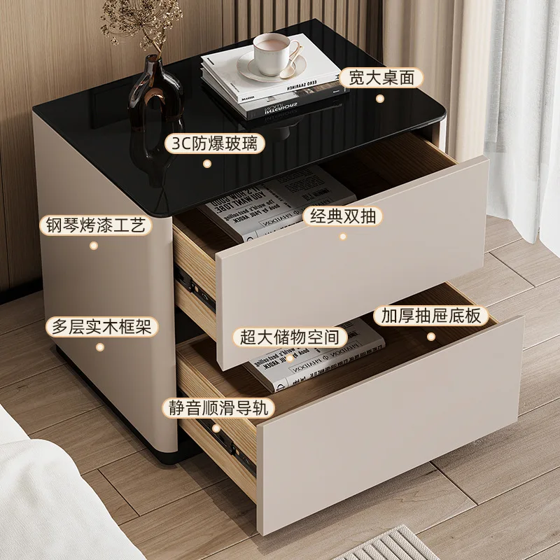 All solid wood bedside table, bedroom household bedside table, tempered glass bedside storage cabinet