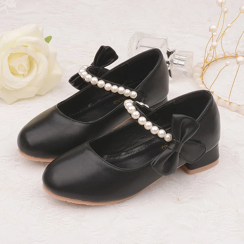 White Bow Spring and Autumn Girls High Heel Princess Shoes Pearl Tide Pumps