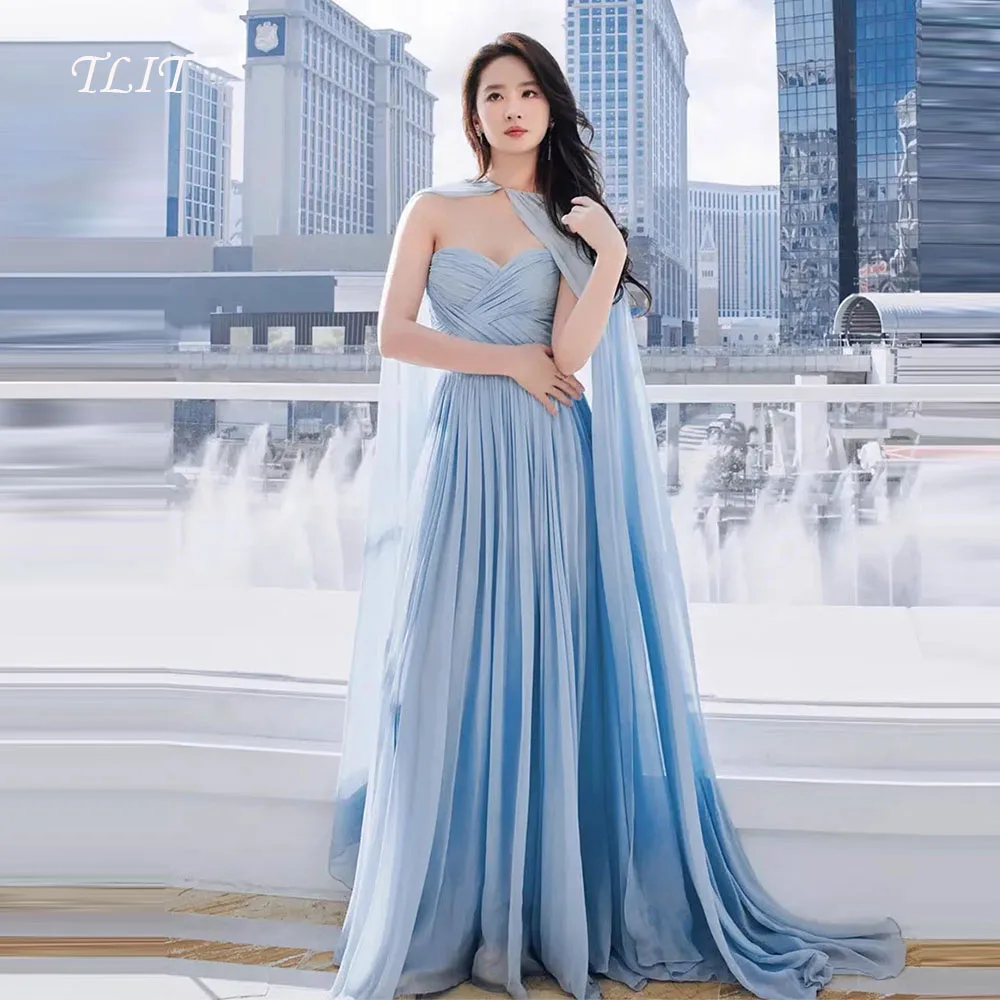 

TLIT Elegant Sky Blue Chiffon Evening Dress Korea Wedding Dress Photo Shoot Sweetheart Pleats jacket Prom Gowns Customized