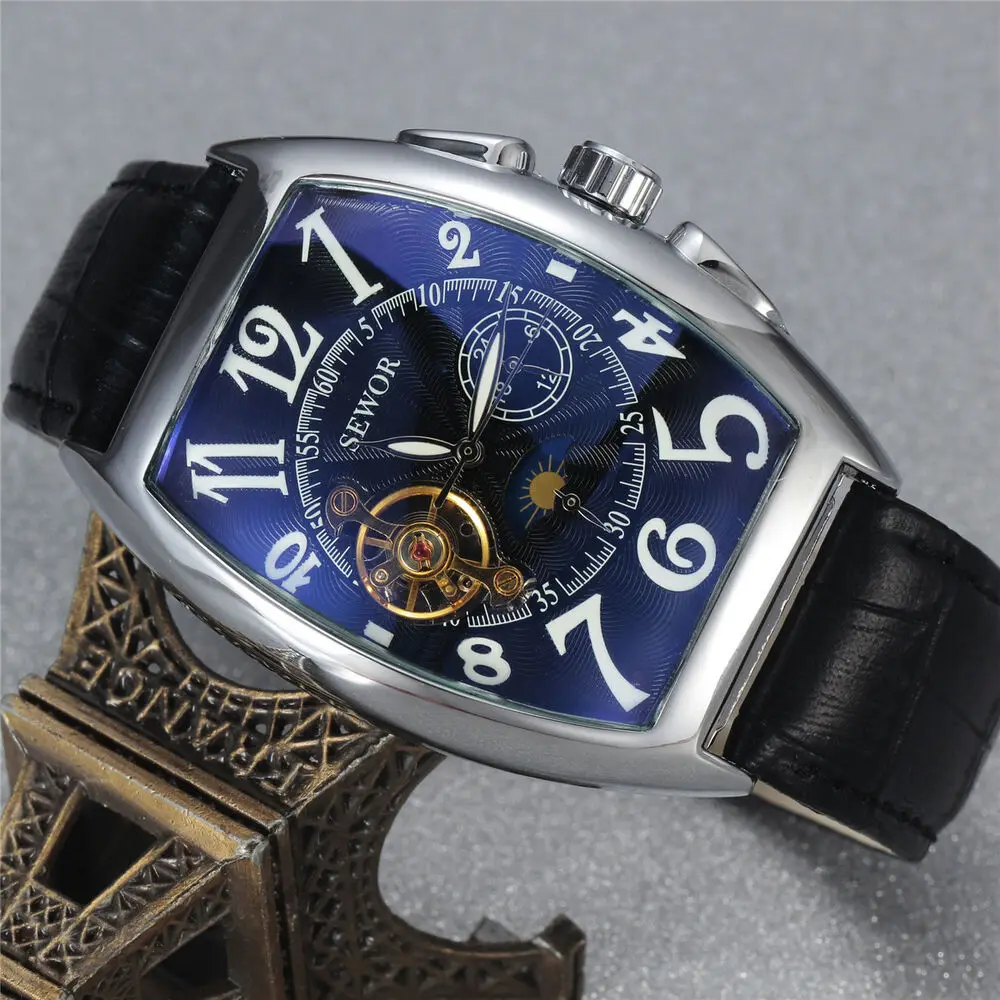 Mechanical Automatic Self Wind Wrist watch Sewor Brand Fashion Mens Tonneau Analog Watch Nice Gift