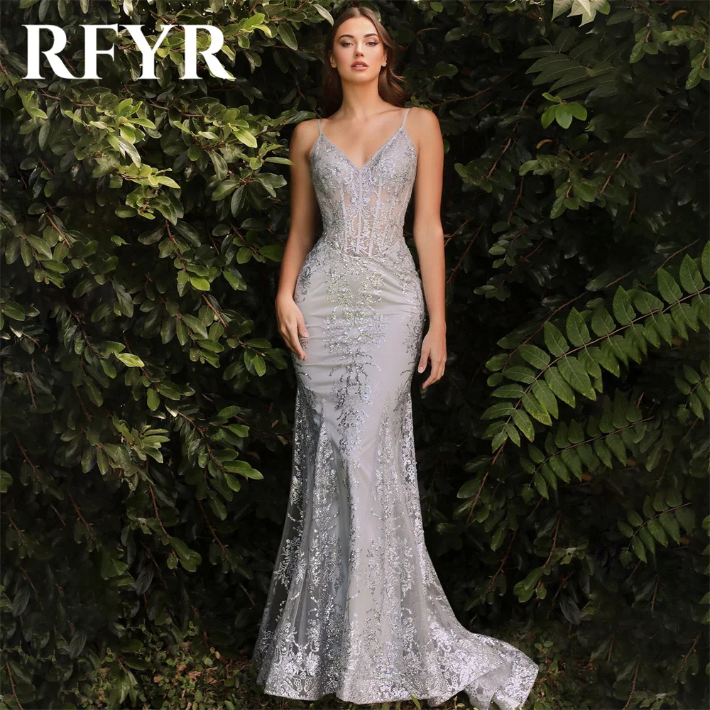 

RFYR Silver Prom Dress V-Neck Evening Party Dresses Trumpet Dress Floor Length Elegant Vestido Appliques Party Gowns Customized