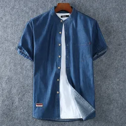 Men's Blue Denim Shirts Short Sleeve Jean Shirts 2023 Summer High Quality Men Cotton Light Blue Denim Shirts Plus size L-8XL