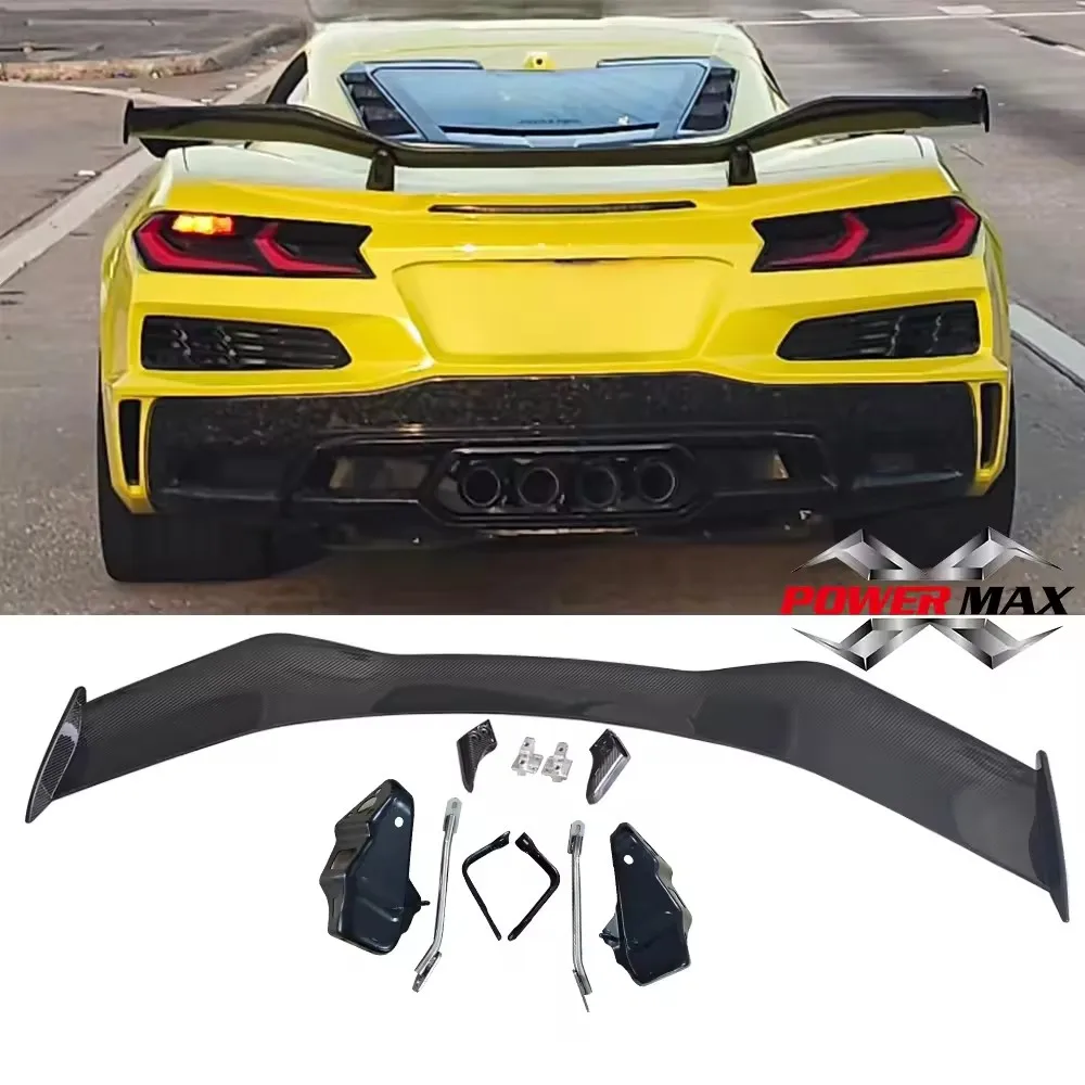 Dry Carbon Fiber Rear High Wing With Wing Bracket For Chevrolet Corvette C8 Z06 Bodykit Rear Trunk Wing Auto Accessories