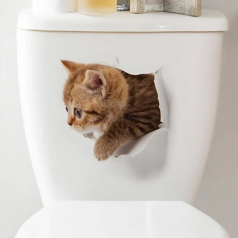 Adhesivo de pared 3D de gatos, pegatinas para inodoro, vista de agujero, perros vívidos, baño para decoración del hogar, calcomanías de vinilo de