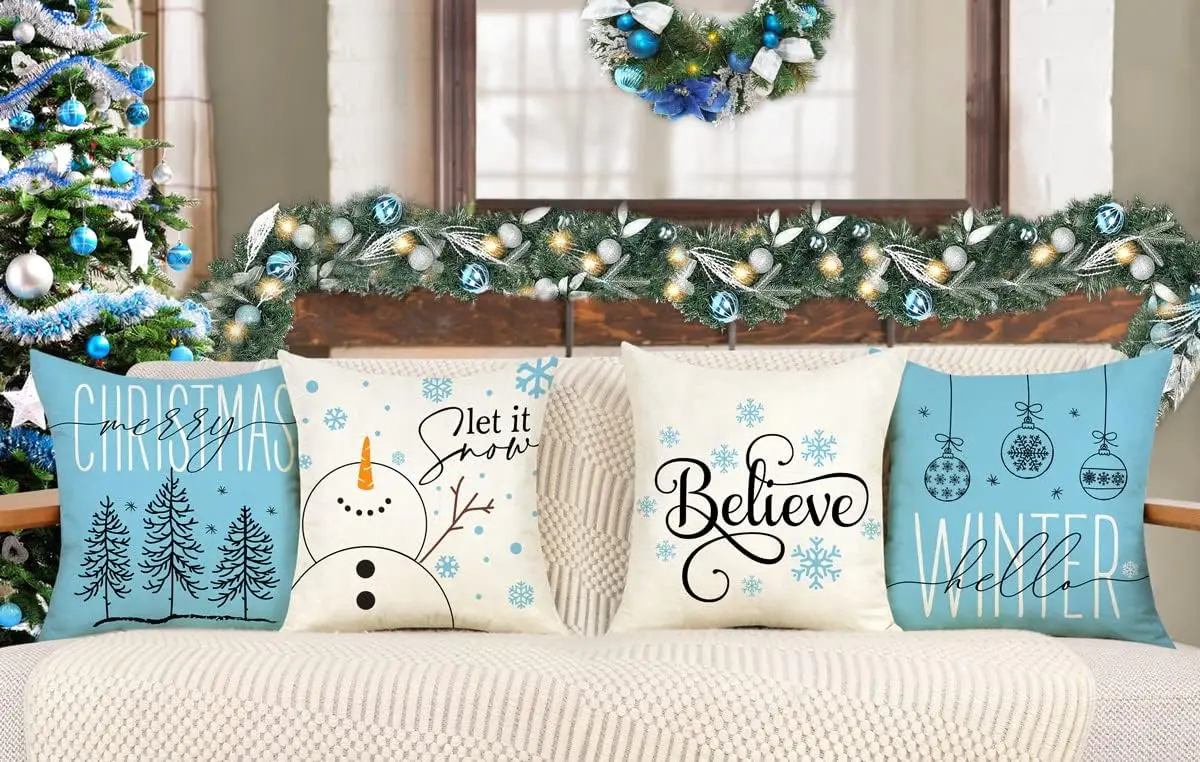 Light Blue Christmas Pillowcase Decorative Winter Holiday Decorative Pillowcase Suitable for Home Sofa Linen Cushion Cover