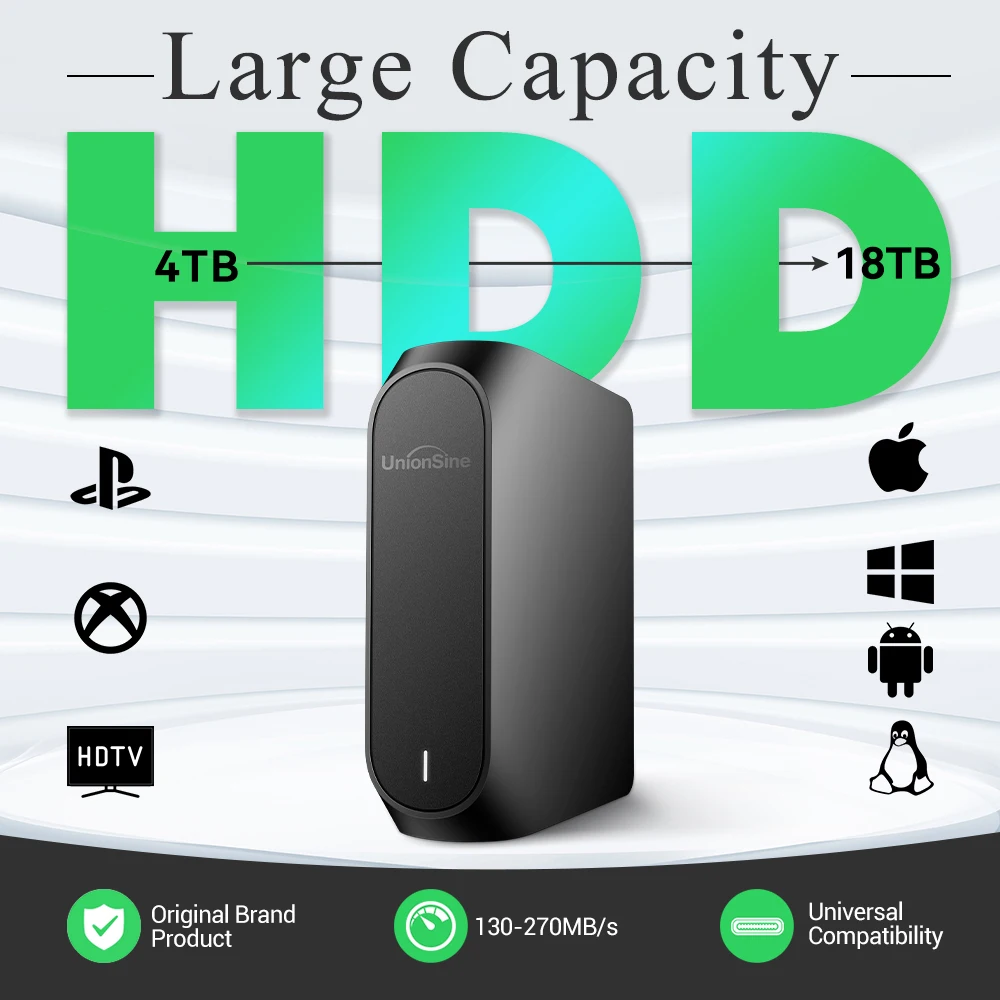 

UnionSine HDD 6/12/18TB большой ёмкости - Type-C высокая скорость для записи 4K TV/хранения файлов/игр | 7200 об/мин | Совместимость: Windows/macOS/Linux/Android, PS4/PS5/Xbox