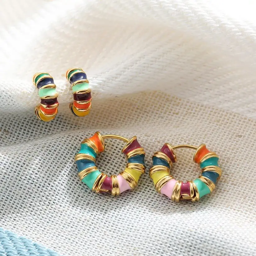 Vintage Colorful Enamel Round Circle Small Hoop Earrings for Women Cute Rainbow Bamboo Knots Gold Huggies Ear Studs Jewelry Gift