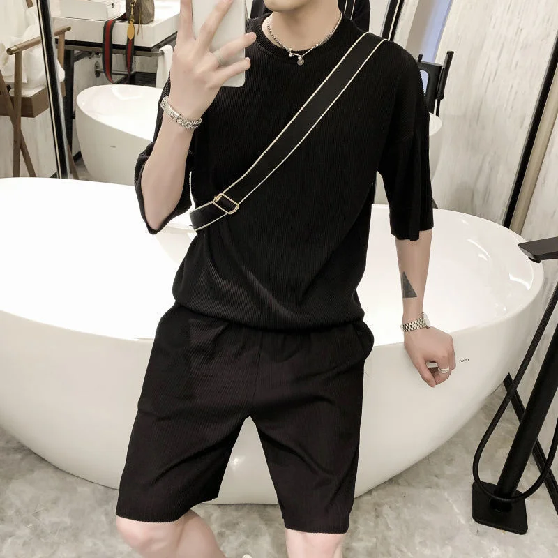 Men\'s Fashion Elastic Silk Strip Summer Tracksuits Breathable Short Sleeve T-shirt And Pants Two Piece Sets Men Outfits Suit