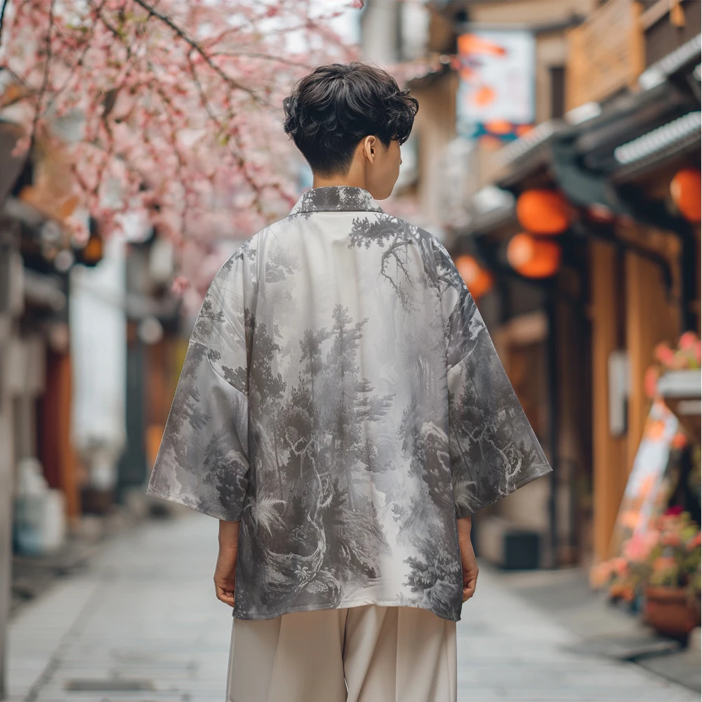 Chinese Ink Wind Print Japanese Traditional Kimono Casual Fashion Kimono Breathable Casual Comfortable Unisex Kimono