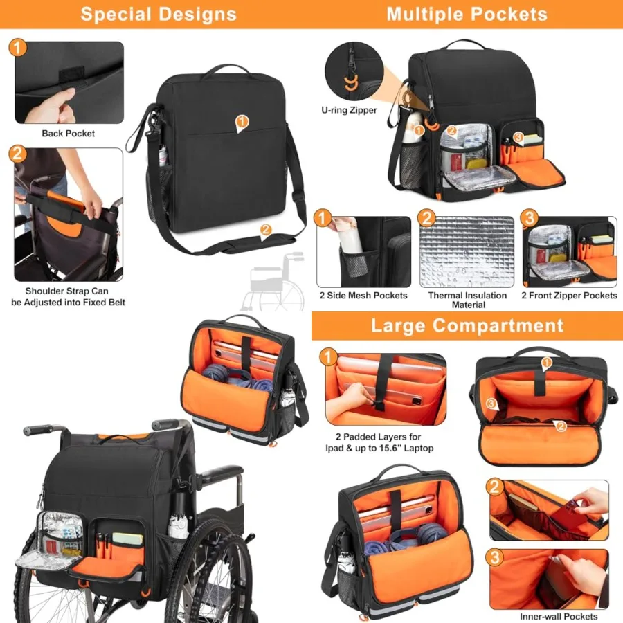 

Large Wheelchair Bag to Hang on Back, Wheelchair Accessories Backpack for Adult and Senior, Wheelchair Pouch with Medicine Stor