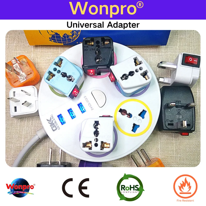 Universal US UK EU AU CN Schuko Multi Plug Adapter With On/Off Main Switch Wonpro WSA  Series