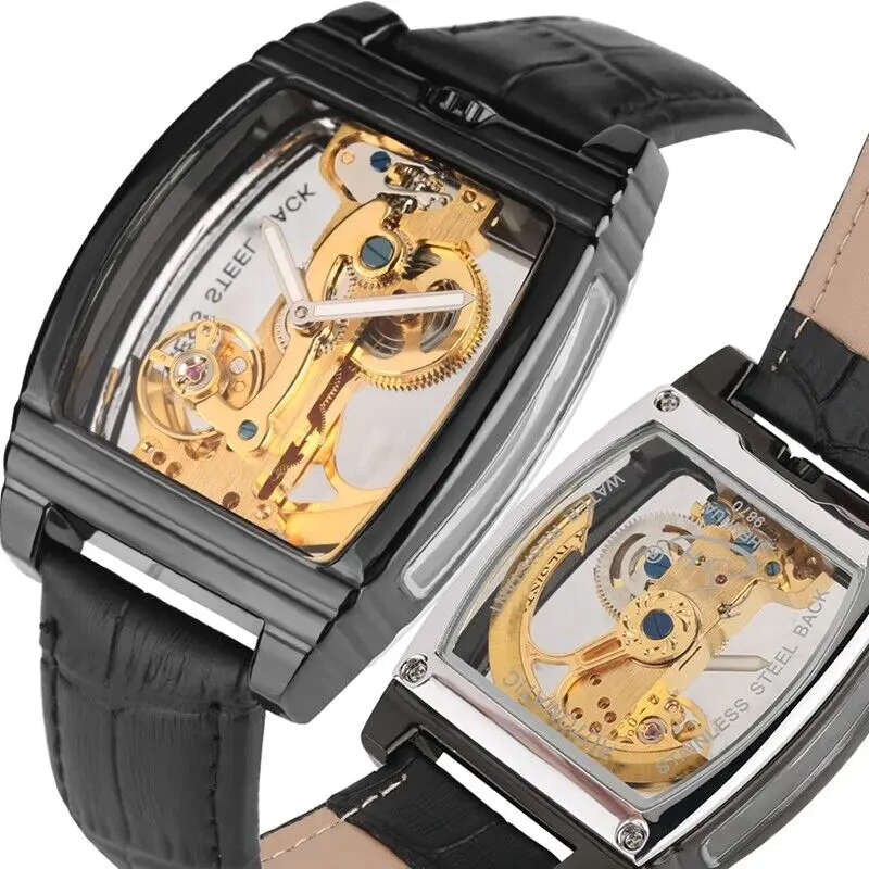 Luxury Brand New Style Mens Mechanical Watch Skeleton Square Dial Automatic Self Wind Steel Case Single Bridge Tourbillon Watch