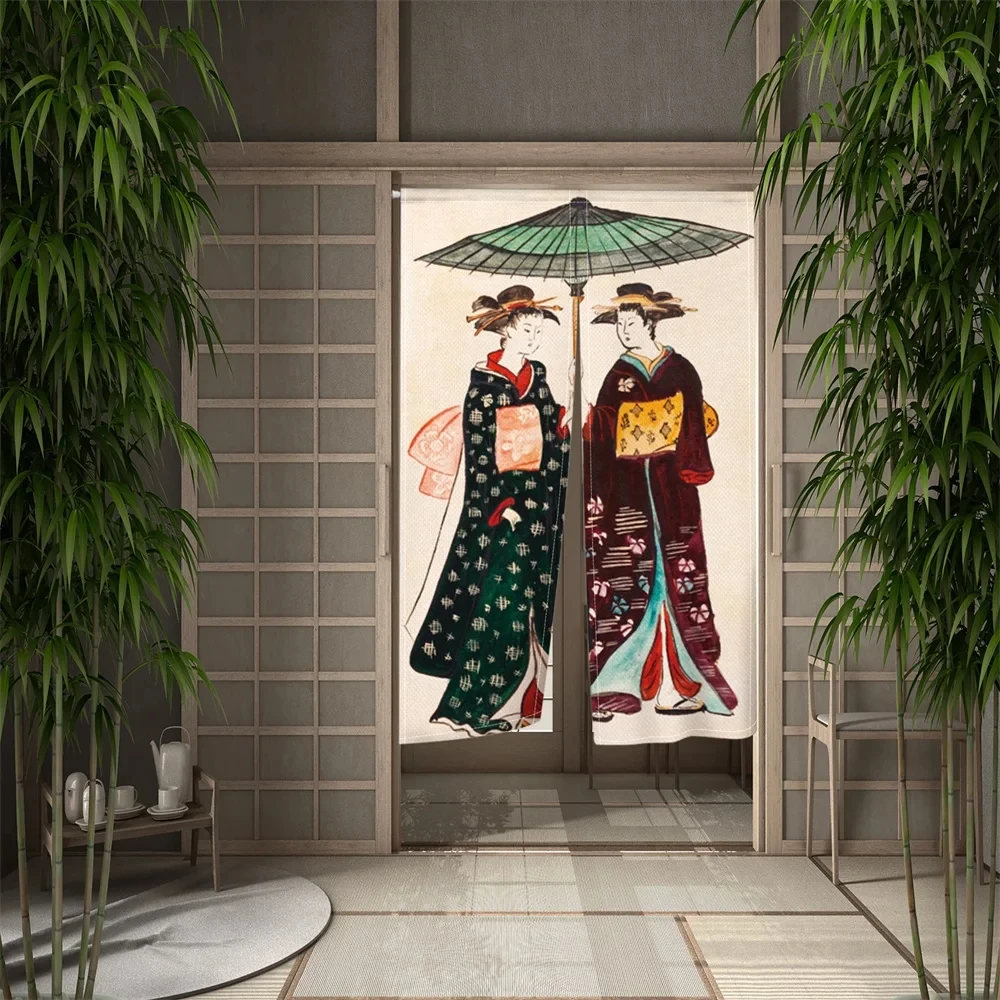 Japanese Ukiyo-e Door Curtain Japanese Geisha Lady Flowers Kitchen Partition Door Curtains Entrance Hanging Half Linen Noren