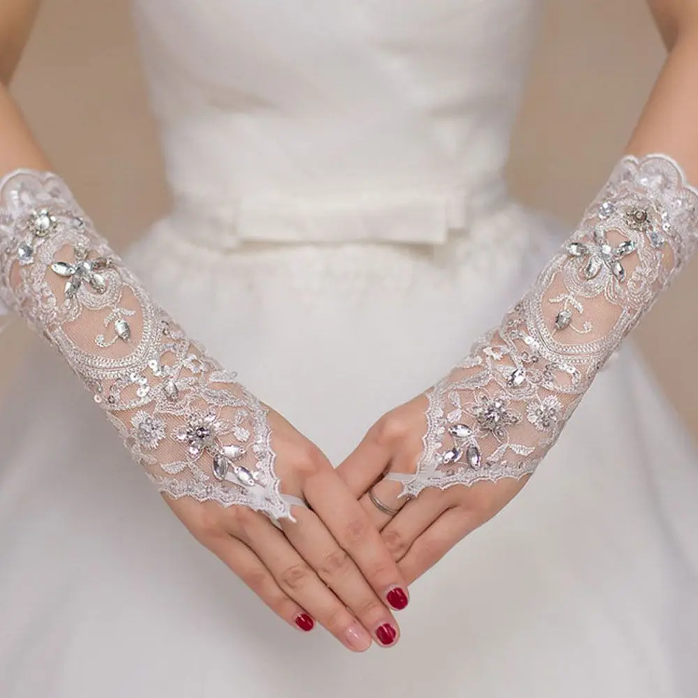 High Quality Dress Bride Wedding Lace Beads Rhinestone Short Gloves Fingerless Gloves