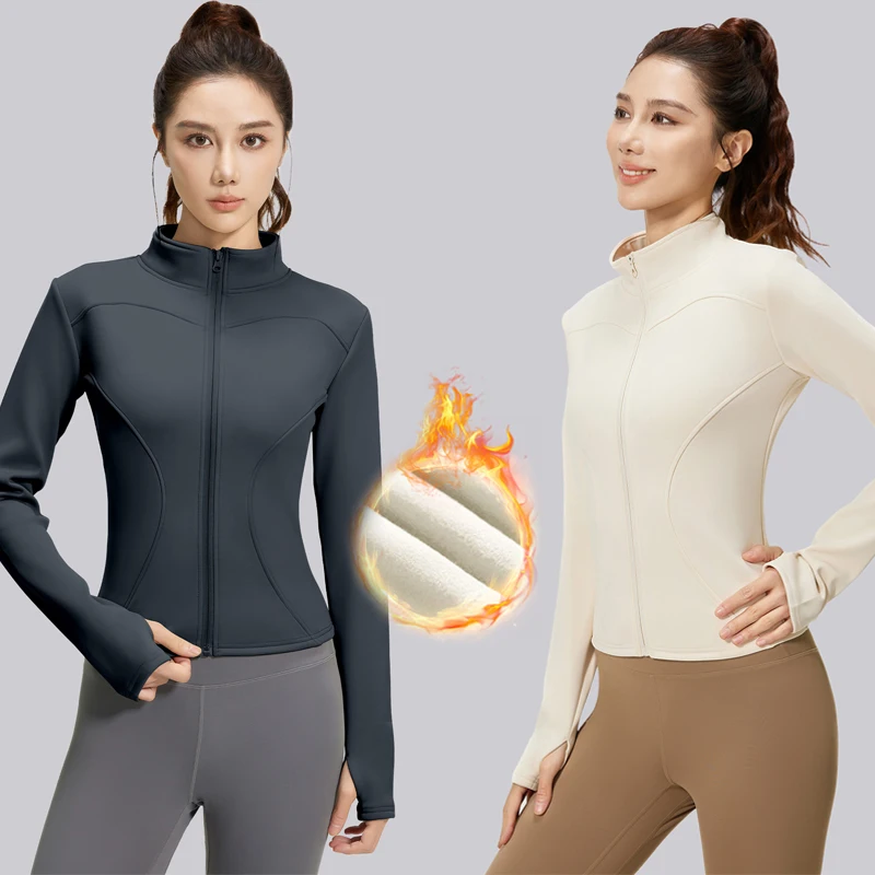 

New Autumn and Winter Fleece Women's Tight Yoga Clothes Jacket Slim-fit Warm Top Slim-fit Collar Jacket Running Fitness S-3XL