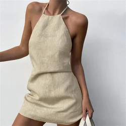 Cotton Linen Sexy Halter Dress for Women Summer Casual Solid Sleeveless Slim Bodycon Backless Mini Dress Beach Vestidos Outfits