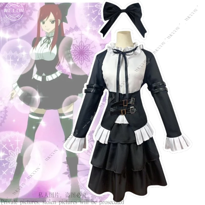 Erza planchers let DegradAnime Cosplay Costume, perruque, autocollant de tatouage, maillot de bain, queue, nœud noir, uniforme de demoiselle d'honneur de la reine, 03 vêtements