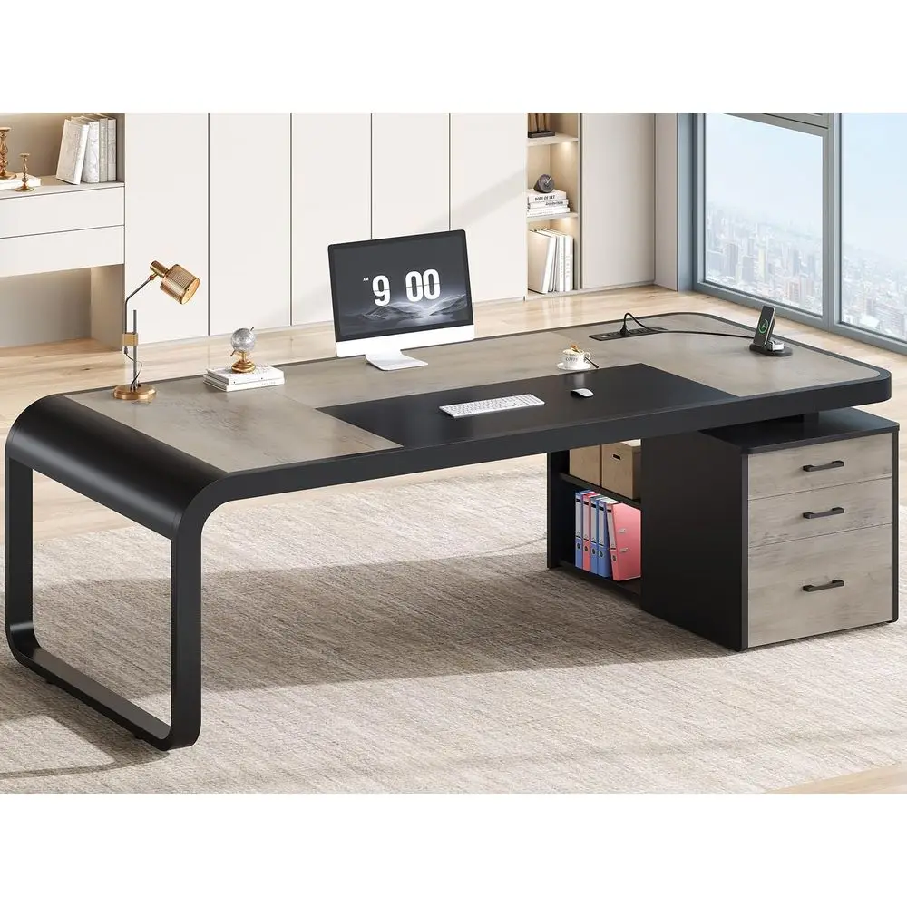 

Large Gray Executive Desk with Drawers, Lateral File Cabinet, and Removable Shelves for Home or Office Use