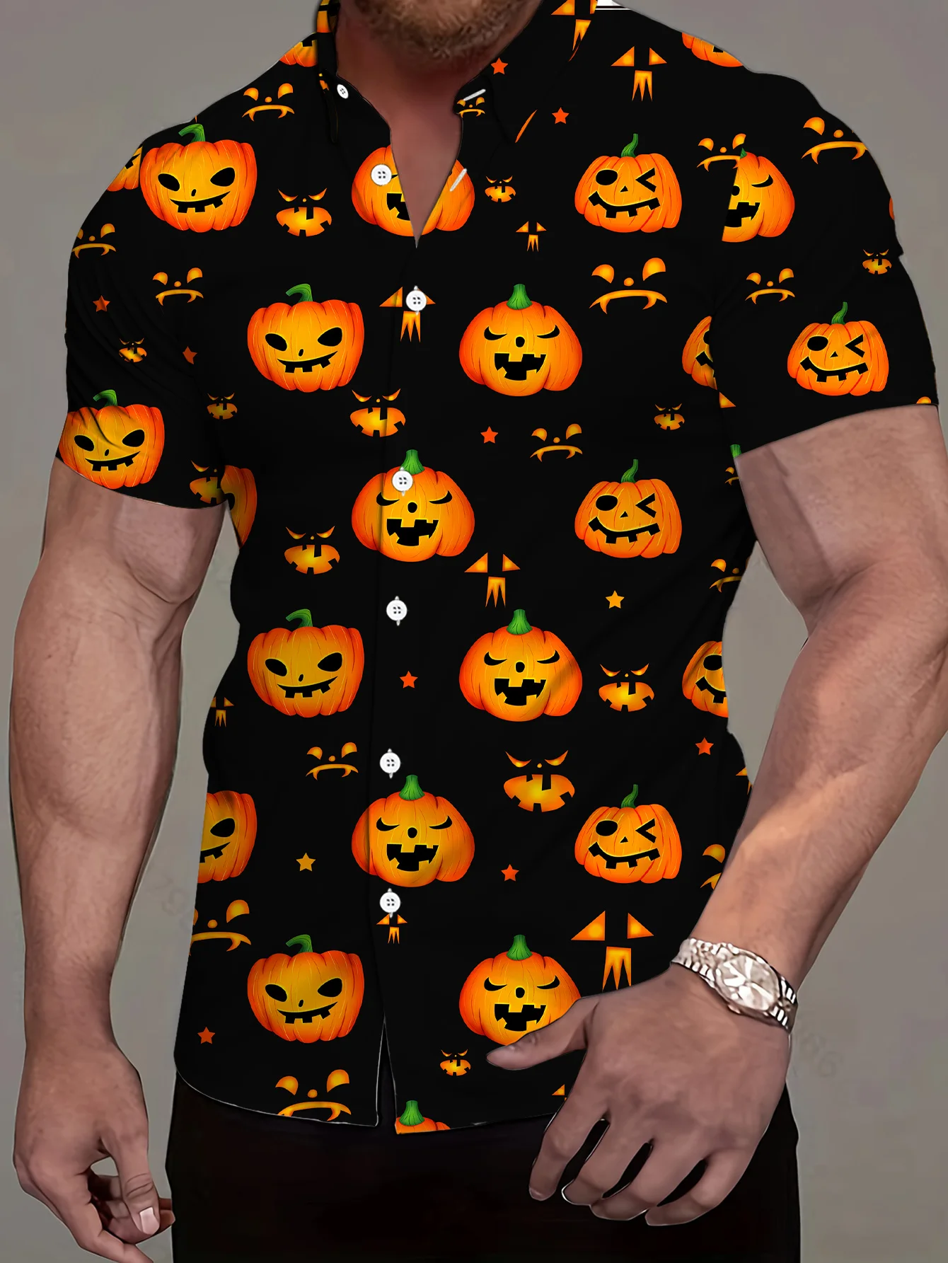 2026 Men's Shirt Halloween Pumpkin Lantern All Over Print Black Base Short Sleeve Loose Fit Holiday Party Casual Mens Clothing