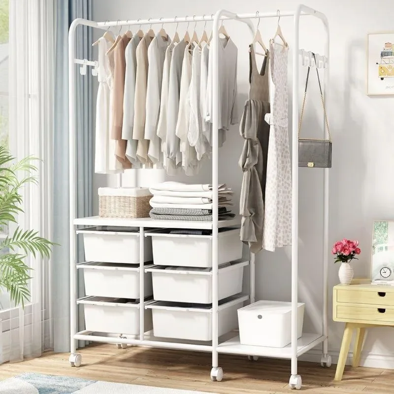 Wrought Iron Coat Rack with Drawer Floor Standing Hanger for Home Bedroom Dormitory Rental House Removable Wardrobe Storage