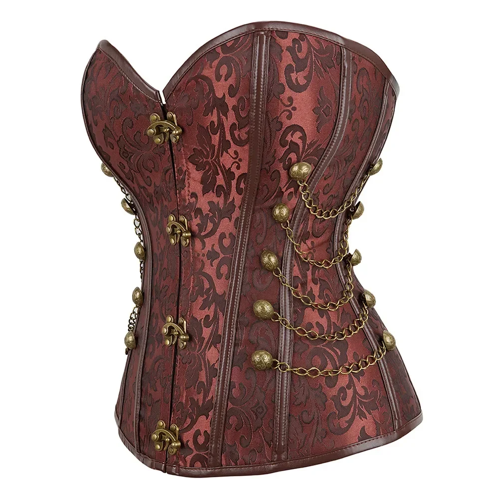 Brown Steampunk Leather Corset Plus Size Women Sexy Overbust Bustiers Steel Bone Spiral Top Chain Gothic Vintage Pirate Costume