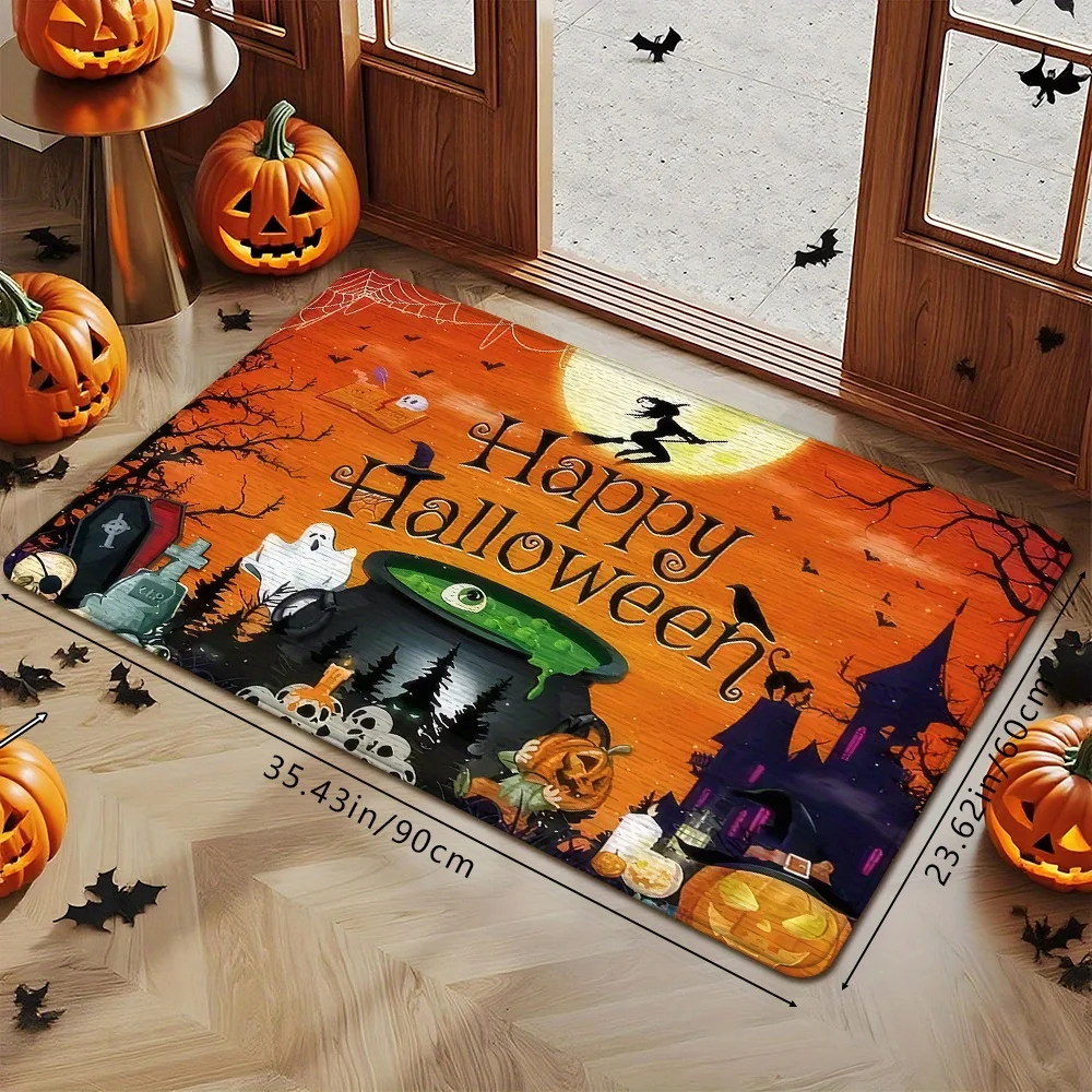 1pc Creative Horror Witch Riding Broom Pumpkin Haunted House Print Easy Clean Foldable Absorbent Non-Slip Entrance Doormat Non