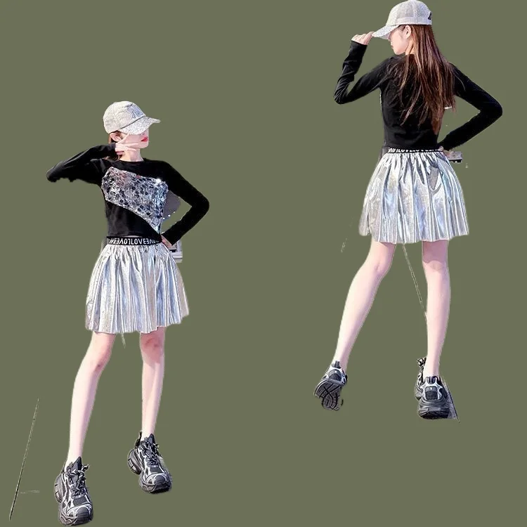 

Kpop Girl Group Performance Outfit Set Jazz Dance Short Top Shiny Casual Pants